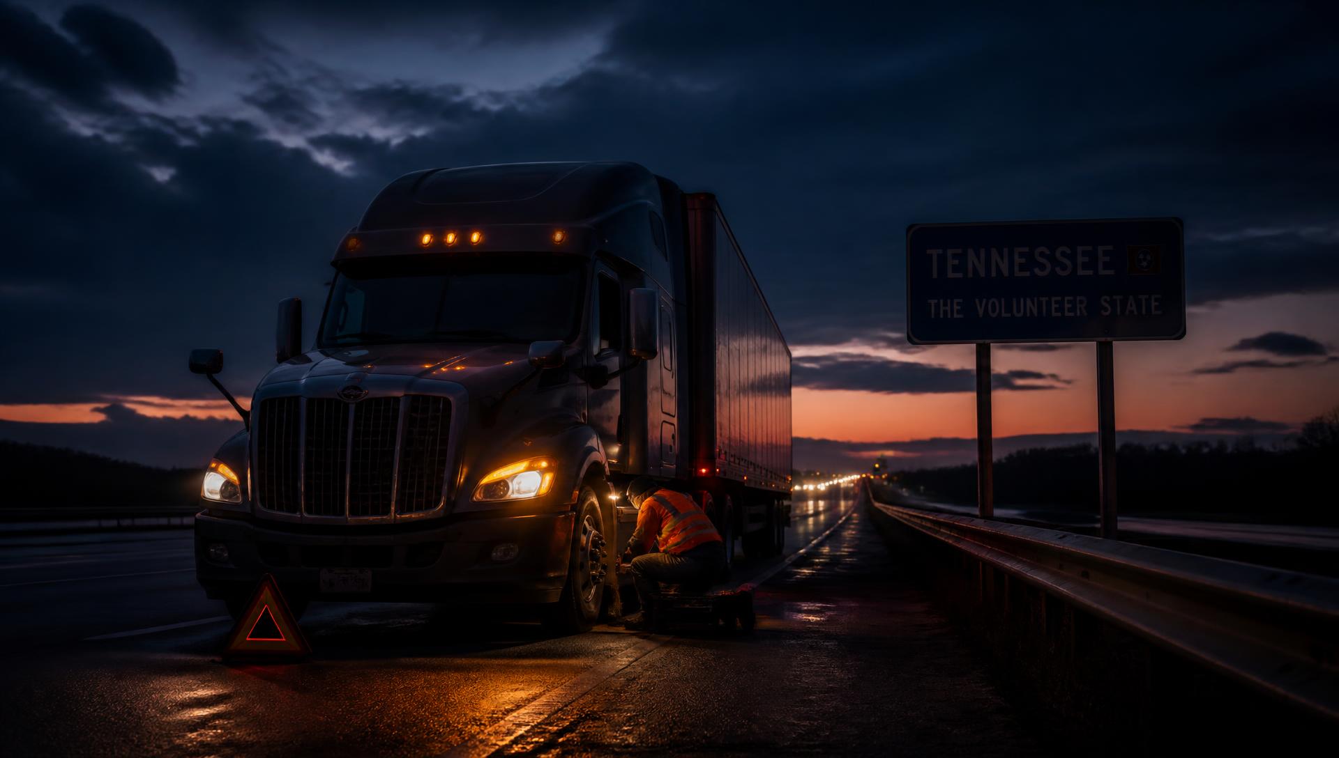 Mobile truck mechanic repairing a heavy-duty semi truck on a Tennessee highway shoulder at dusk
